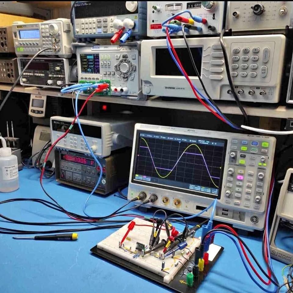 Industrial repair bench with oscilloscope, signal generators, multimeters, and programmable power supplies